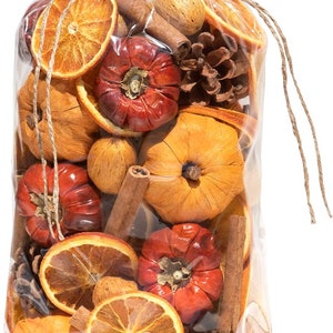 May include: A clear plastic bag filled with dried orange slices, cinnamon sticks, pine cones, and small pumpkins. The bag is tied with twine.