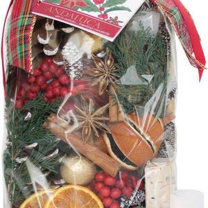 May include: A clear plastic bag filled with potpourri, including pine cones, cinnamon sticks, dried orange slices, star anise, and red berries. The bag is tied with a red and green plaid ribbon and a tag that reads "ANDALUCIA art in nature... inspiring creativity". A small bottle of essential oil is included.