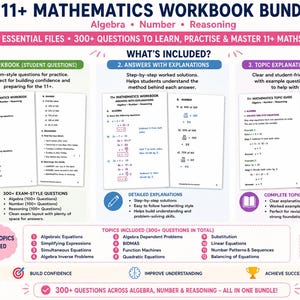Puede incluir: Un paquete de cuadernos de ejercicios de matemáticas 11+ que cubre álgebra, números y razonamiento. Incluye tres archivos: un cuaderno con más de 300 preguntas, una clave de respuestas con explicaciones paso a paso y una guía con ejemplos.