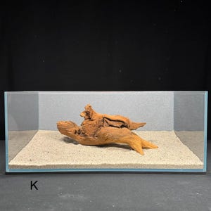May include: A rectangular glass aquarium tank containing a piece of light brown driftwood centered on a layer of fine beige sand. The letter K is printed in black on the lower left side of the glass. The tank has clear walls and a flat base.