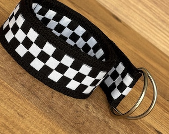 Checkered Cotton D-Ring Belt, Black & White Handmade Accessory