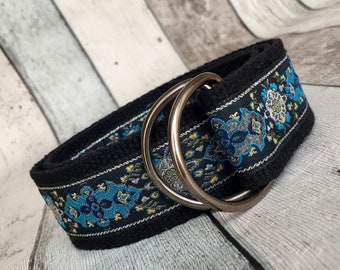 Blue Floral Tapestry Ornate Buckle Western Belt Vintage 1980s Tapestry Belt. Dark Blue Floral Paisley Print  main image 4