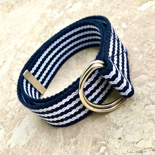 Navy & White Canvas Cotton D Ring Belt, 1.5" Webbing Handmade Belts for Women and Men, Striped Unisex Fabric Belt