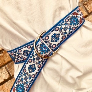 Blue White Fabric Webbing Belt, Spring and Summer Ribbon Women's Belts, 1.5 inch Wide Boho Dress and Pants Belts, Women for Gift