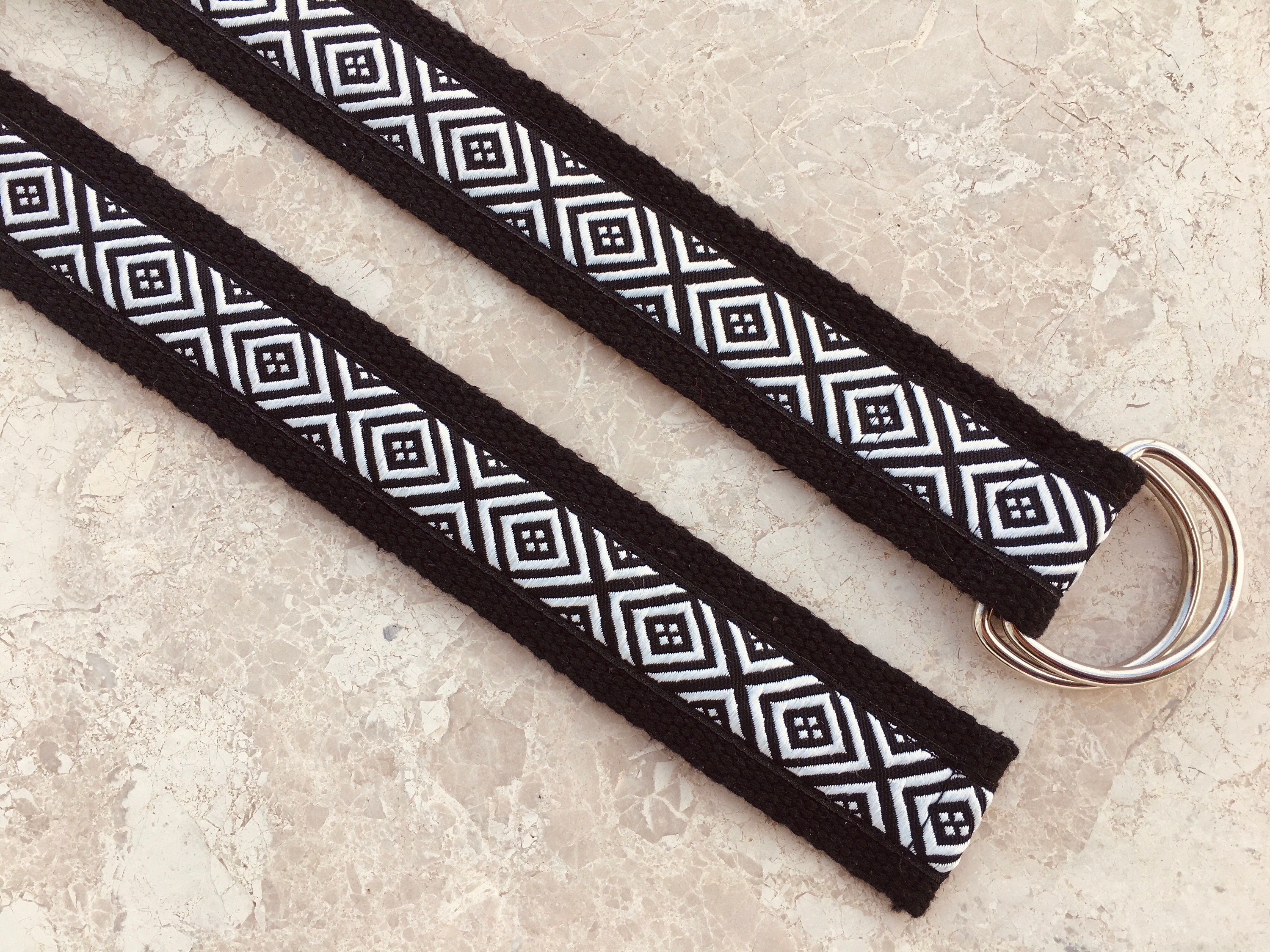Jacquard Ribbon D-ring Belt, Black & White Cotton Canvas 