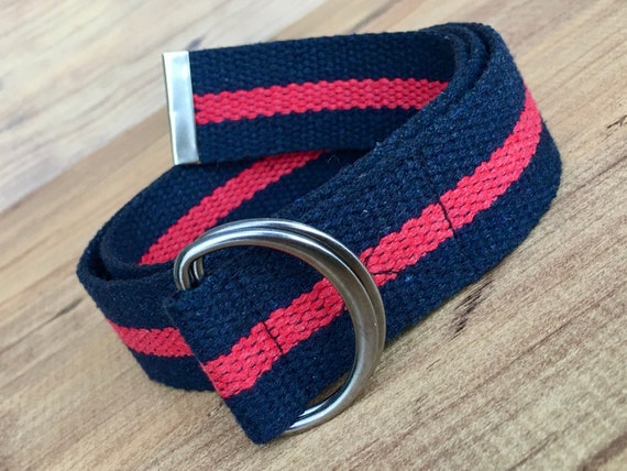 Red Navy Cotton Webbing Canvas D-Ring Belt, 1.37" Woven Handmade Belts for Women and Men, Striped Unisex Fabric Belt,