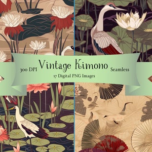 Quimono vintage japonês - papel digital e adesivos, guindastes, nenúfares - azulejo sem costura, para impressão, PNG transparente, álbum de recortes, diário