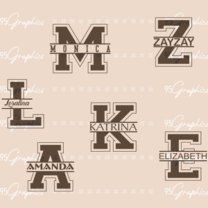 May include: Six different monogram designs featuring a large capital letter with a name written below. The letters are in a brown color with a white outline and a white line separating the letter from the name. The names are: Monica, Zayzay, Losalina, Katrina, Amanda, and Elizabeth.