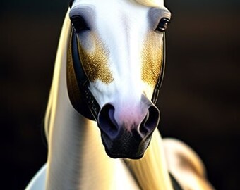 May include: A white horse with gold markings and a black halter. The horse has a long white mane and tail. The horse is looking directly at the camera.