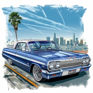 Blue 1964 Chevrolet Impala Ragtop Lowrider Art Low Rider Chevy Classic Car Wall Poster Artwork Printable Digital Download svg png jpg pdf