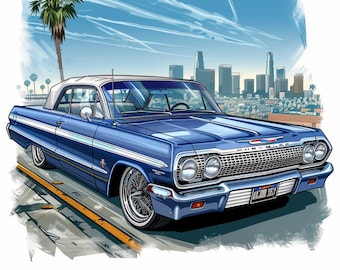 Blue 1964 Chevrolet Impala Ragtop Lowrider Art Low Rider Chevy Classic Car Wall Poster Artwork Printable Digital Download svg png jpg pdf
