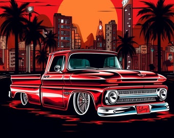 Op de afbeelding: Een rode vintage pick-up truck met een chromen bumper en wielen, geparkeerd voor een skyline van een stad bij zonsondergang. De truck heeft een "Tulsa" sticker op de achterbumper.