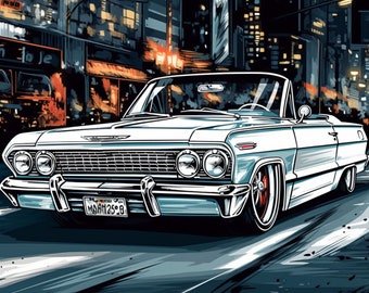Lowrider Art 1963 1964 Chevrolet Impala Low Rider Chevy Car Poster Wall Artwork Printable Digital Download svg png jpg pdf