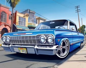 Blue 1963 1964 Chevrolet Impala Lowrider Art Chevy Low Rider Car Poster Wall Artwork Printable Digital Download svg png jpg pdf