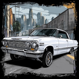 Könnte beinhalten: Ein weißes Vintage-Coupé mit Chromstoßstangen und Zierleisten, das eine tiefe Straßenlage und Speichenräder aufweist. Das Fahrzeug ist in einer stilisierten Illustration vor einer detaillierten städtischen Skyline dargestellt.