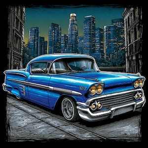 Può includere: Un'auto d'epoca blu brillante con dettagli cromati e doppi fari parcheggiata su una strada acciottolata. Lo sfondo presenta un'illustrazione dettagliata di uno skyline urbano moderno con grattacieli illuminati sotto un cielo notturno.