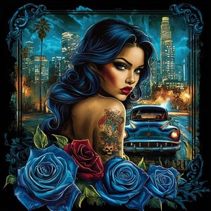 Lowrider Art Low Rider Chicana Girl Poster Latina Girls Chola Wall Art Blue Roses Chevy Bomb Chevrolet Digital Download svg png jpg pdf