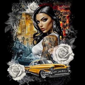 Lowrider Art Low Rider Chicana Girl Poster Latina Girls Chola Vintage Classic Car Wall Art White Roses Digital Download svg png jpg pdf