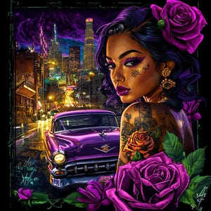 Lowrider Art Low Rider Chicana Girl Poster Latina Girls Chola Classic Vintage Car Wall Art Purple Roses Digital Download svg png jpg pdf