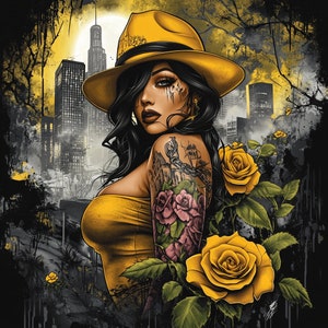 Póster de chica chicana Lowrider Art Low Rider Chicas latinas Chola Arte de pared Rosas amarillas Descarga digital svg png jpg pdf