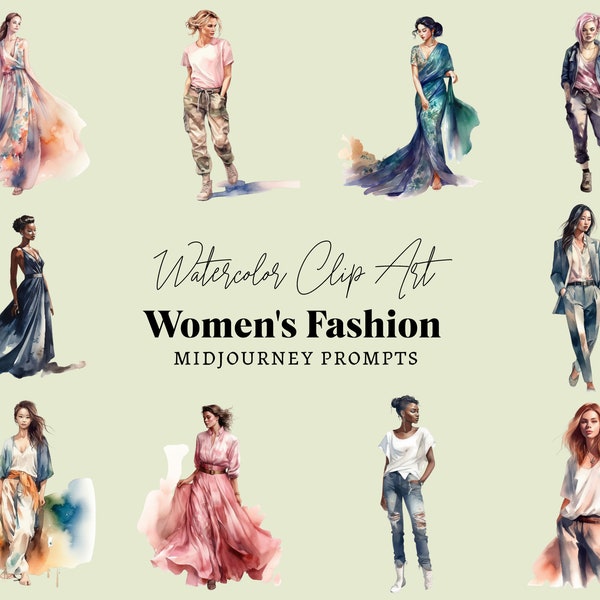 Fashionable Women Watercolor Clip-Art Midjourney Prompts | Customizable and Tested | Create stunning Designs for crafts or POD products