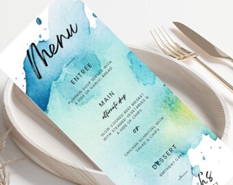 Editable Watercolor Menu Template - Blue & Teal Hues - Party, Event, Wedding Menu - Canva Customizable