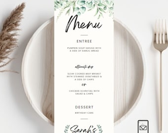 Editable Greenery Menu Template . Eucalyptus & Cream Background . Party, Event . Wedding Menu . Canva Customizable