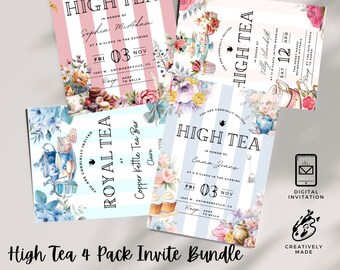 High Tea Party Invitation 4-Pack - 5x7 Digital Download - Victorian Garden & Pastel Designs , Par-tea Invite Template, Whimsical Tea Party