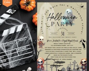 Skeleton Graveyard  , Halloween Party Invitation , Instant Download , Pumpkins , Spiders , Spooky Season , Treat-or-Treat , Costume Party