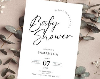 Editable Minimalist Baby Shower, Invitation Modern Black and White ,Baby Boy Girl ,