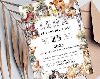 Rustic Barn Animal Party Editable Invitation Template | Farm Friends and Fun , Instant download