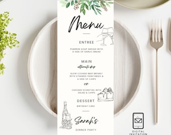 Editable Brunch & Vineyard Menu Template - Wine and Leaves Design - Cheers . Celebration . Desserts. Canva Customizable