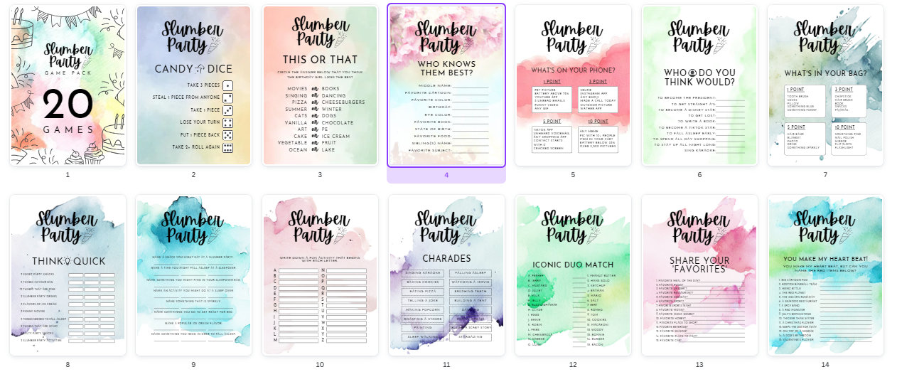 Slumber Party Games , Bundle Pack , Watercolor , Pastel Colors ...
