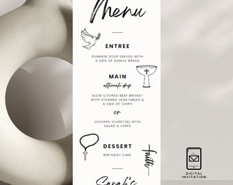 Editable Communion / Baptism Menu Template - Faith Theme with Dove & Rosary - Canva Customizable
