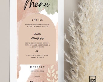 Editable Boho Wedding Menu Template - Abstract Design in Mauve, Earth Green, White & Gold - Canva Customizable