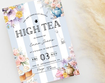 Editable Pastel Tea Party Invitation ,Victorian Garden Tea Party , Par-tea Invite Template, Whimsical Tea Party, High Tea Floral, Periwinkle