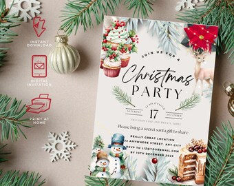 Editable Christmas Invitation – Festive Snowman Family, Decadent Cake, Reindeers, and Holiday Blooms on Beige Background  – Instant Download