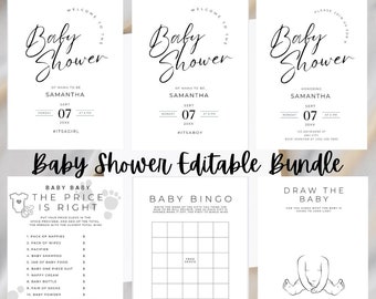 Editable Minimalist Baby Shower Bundle , Invitation Modern Black and White ,Baby Boy Girl , Baby Shower Games , Welcome sign