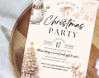 Blush Pink , Christmas Party Invitation , Instant Download , Snowman , Reindeer , Editable Template , Holiday Party , Neutral Tones
