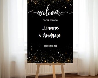 Black and Gold Confetti Welcome Sign, Anniversary Signs , Party Signs , Instant Download , Editabke Template