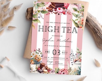 Editable Chocolate Tea Party Invitation ,Victorian Garden Tea Party , Par-tea Invite Template, Whimsical Tea Party, High Tea Floral