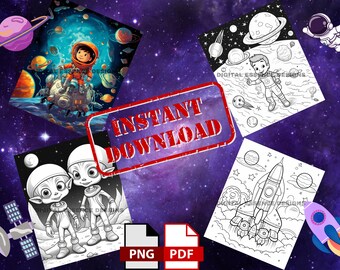 May include: A set of four black and white coloring pages featuring space-themed illustrations. The pages include an astronaut, two aliens, a rocket ship, and a boy in a spacesuit. The pages are perfect for kids who love space and coloring.