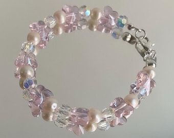 Freshwater Pearl & Butterfly Bracelet – Pink Iridescent Beaded Jewelry, Coquette Balletcore, Dainty Sparkly Crystal Gift for Her, BFF gift