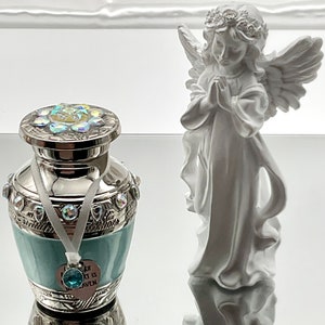 Aqua Cremation Urn with Birthstone Charm: Stainless Steel Memorial Ash Urn