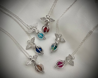 Personalized Angel Birthstone Necklace – 925 Silver Rhinestone Wing Pendant