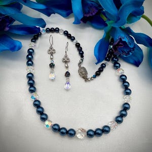 Navy Blue Pearl Necklace 18”  CRYSTAL Accents and Matching Earrings - Wedding Bridal Prom Jewelry