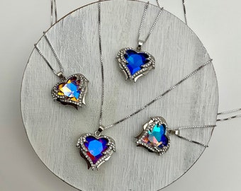 Diamond Rhinestone Heart Pendant Necklace on 18” Sterling Silver Chain