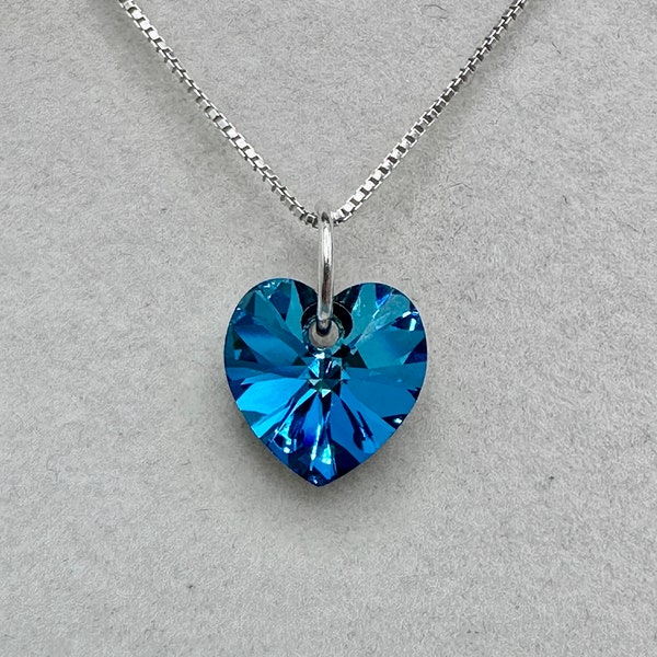 Genuine Crystal Teal / Green Heart Pendant Necklace on 18” Sterling Silver Chain