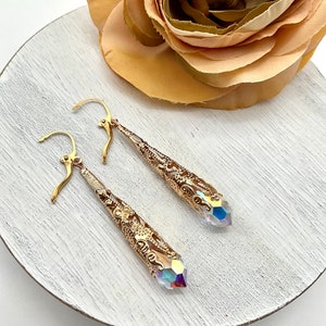 Gold Teardrop Genuine AB Crystal Dangle Earrings