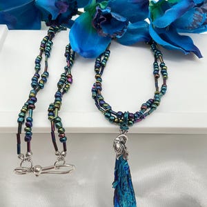 Titanium Wood Irridescent Seed Bead Turquoise Peacock Feather Blue, Green, Purple Necklace